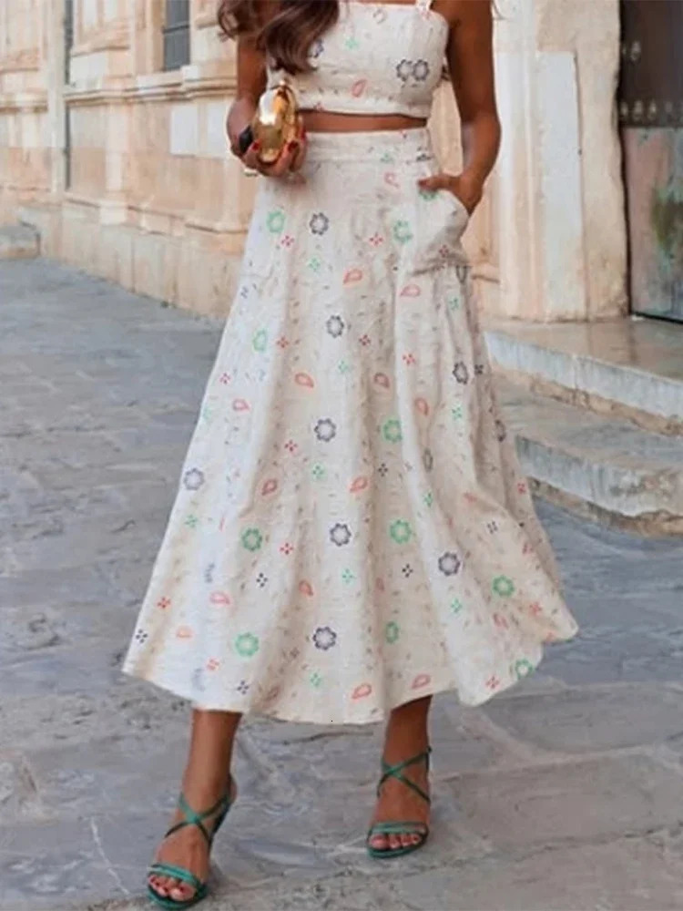 Chic Embroidery Long Skirts Suit Women Elegant Loose Sleeveless Crop Tops Sets Female Spring Summer Beach Vacation Set 250603