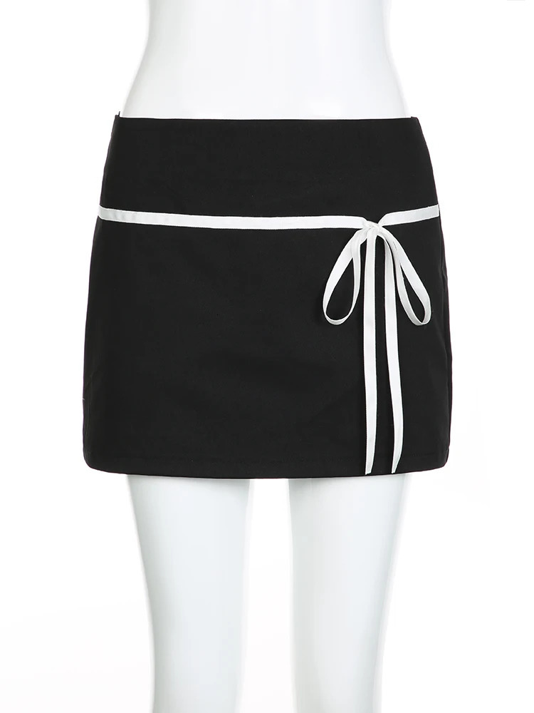 IAMSURE Sweet Basic Patchwork Bandage A-Line Skirt Casual Slim Low-Waisted Mini Skirts Women Summer Fashion Streetwear Lady 250603
