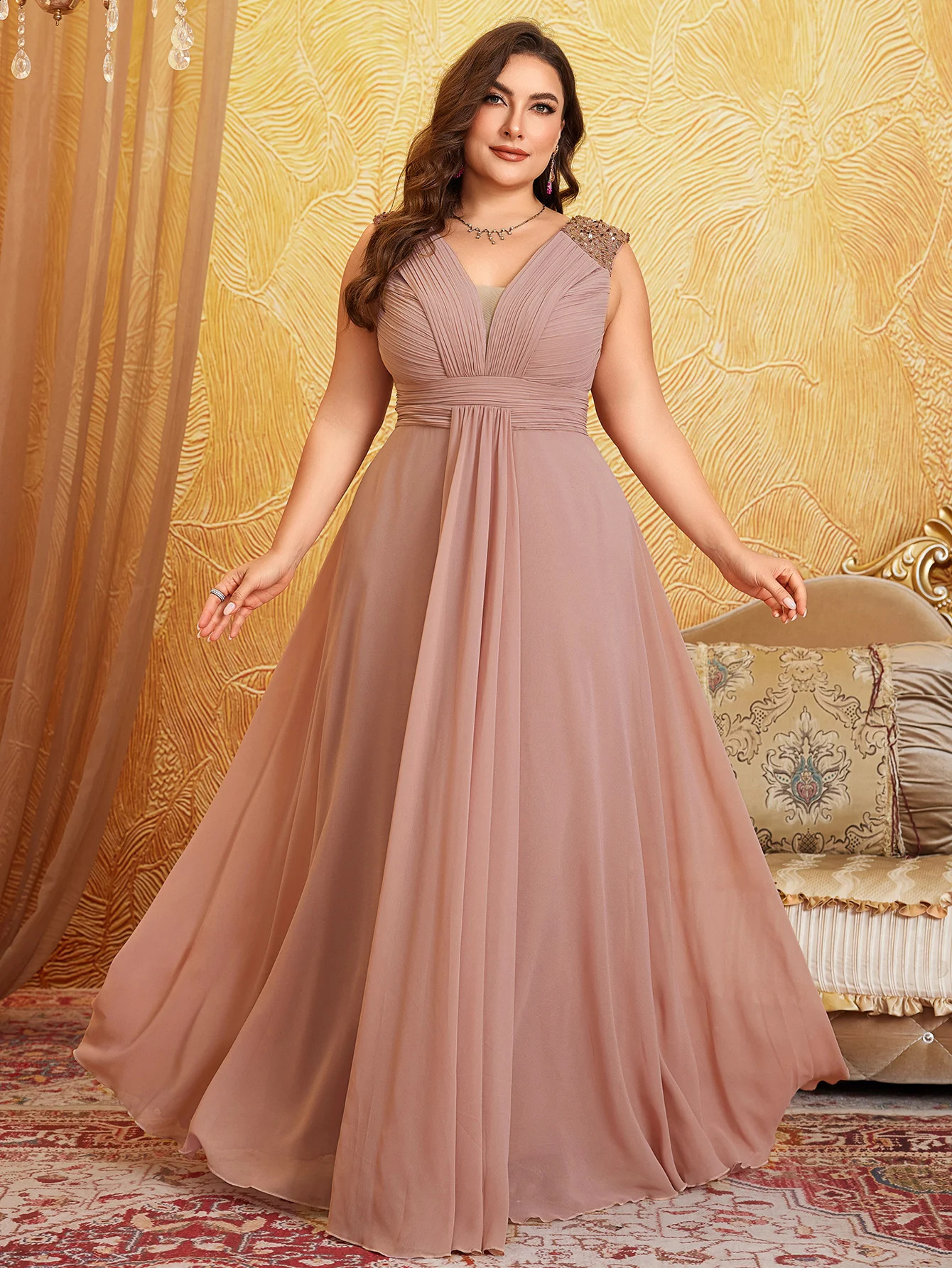 Unithorse Plus Size VNeck Sleeveless Bust Ruched Sequin Patchwork Chiffon Dress 250526