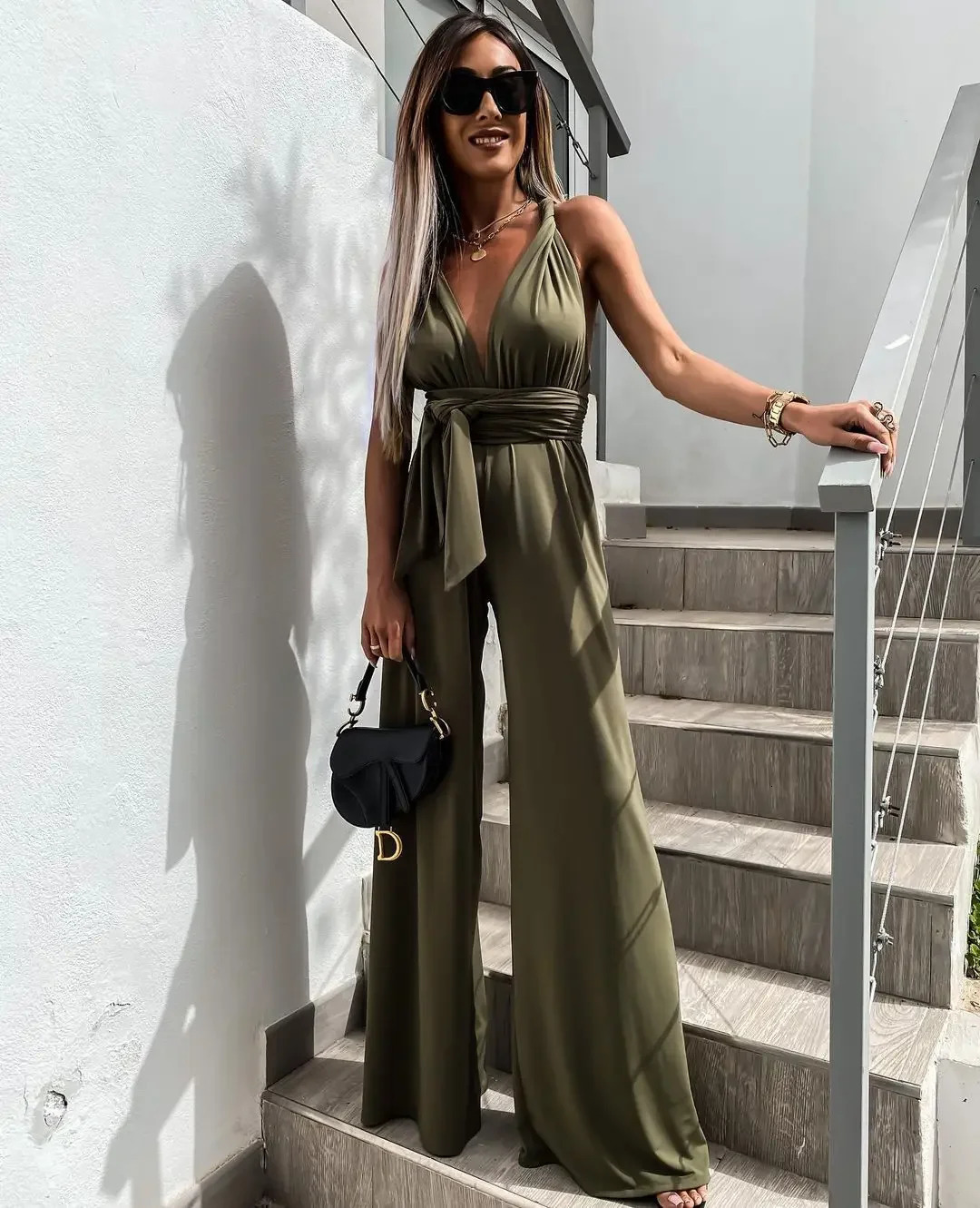 Backless Fashion Casual Streetwear Wide Leg Overall Hollow Out Sleeveless Solid Bandage Rompers Sexy Jumpsuits Women Summer 250603