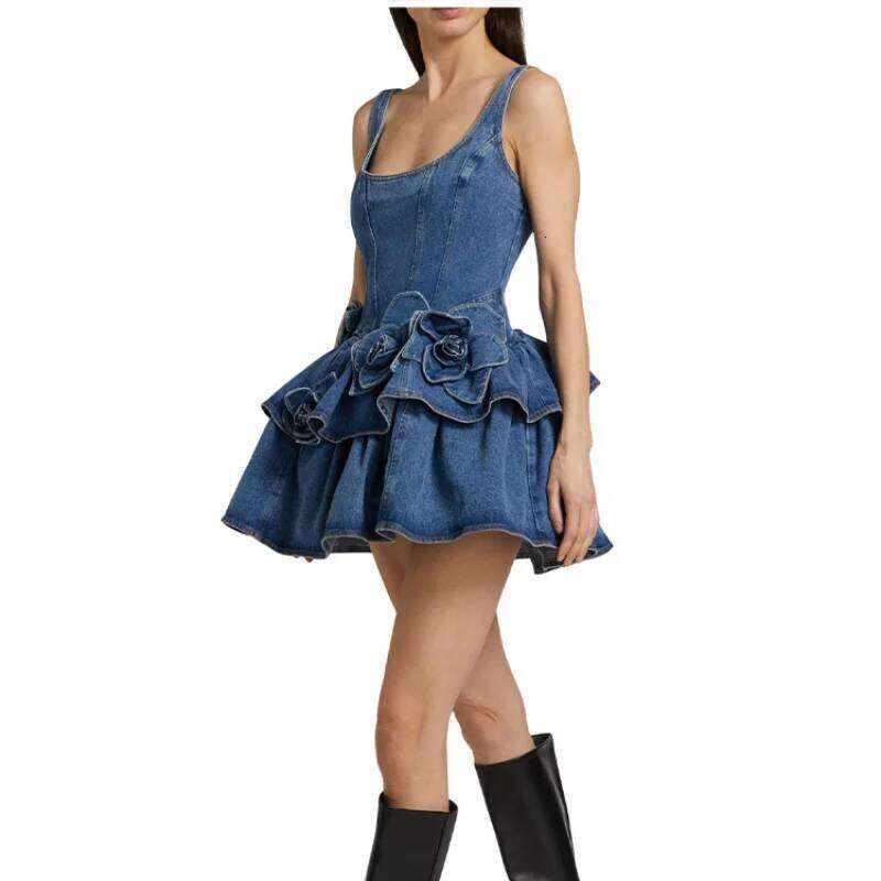Chic Summer 3D Floral Denim Mini Dress Vintage A Line Halter High Street Jean Vesidos 2025 New Lady Partyy2k Fashion Clothing