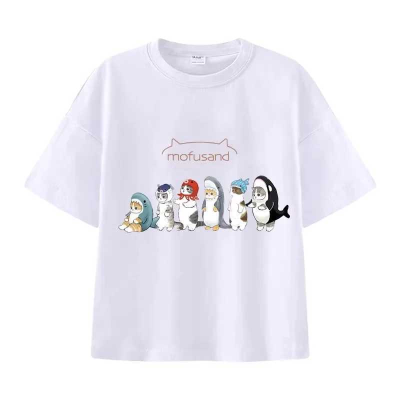 Mofusand Shark Cat T-shirts for Boys and Girls Are Versatile and Stylish Summer Short-sleeved Tops for Middle and Older Children T250603