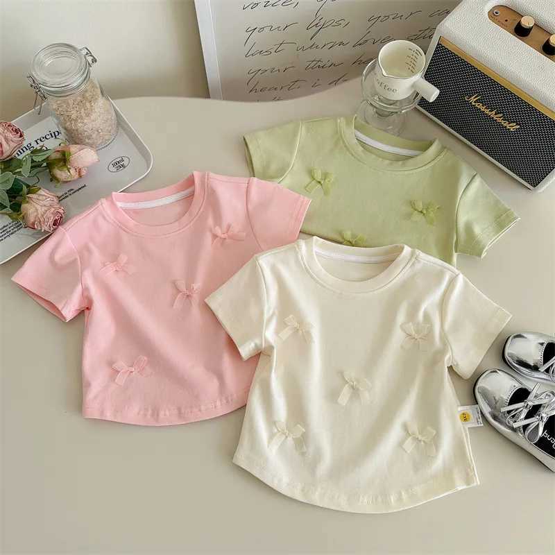 New Summer Cute Girls Short Sleeve T-shirt with Bow Ribbon Stylish Girl Toddler Simple Casual Childrens Clothing Thin Tops T250603