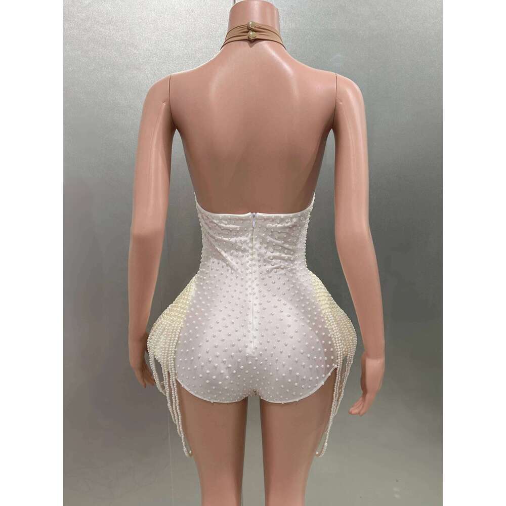 Pearls Beading Sexy Halter Backless Bodysuit Evening Party Performance Costume Bar Nightclub Singer Dancer Stage Wear