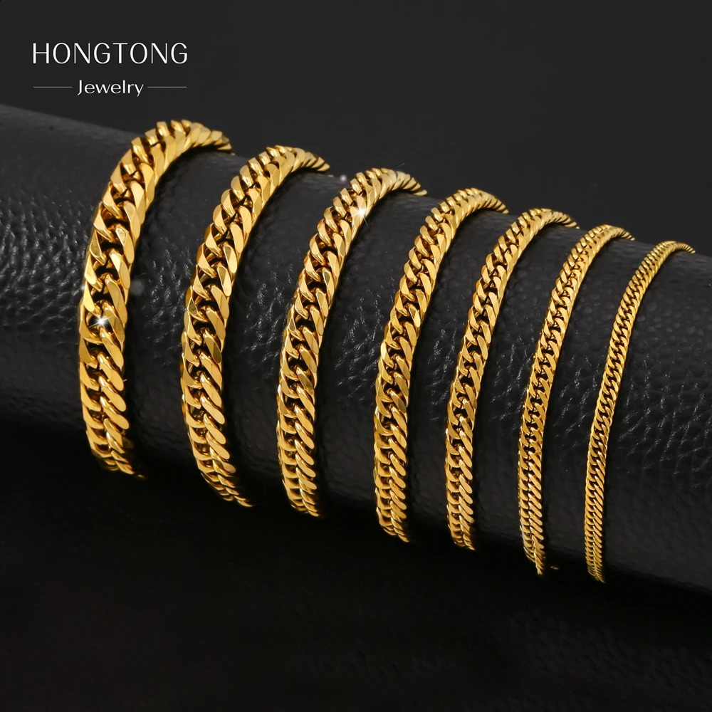 HONGTONG Chunky Miami Curb Chain Bracelet for Men Stainless Steel Cuban Link Chain Wristband Classic Punk Heavy Male Jewelry 250528