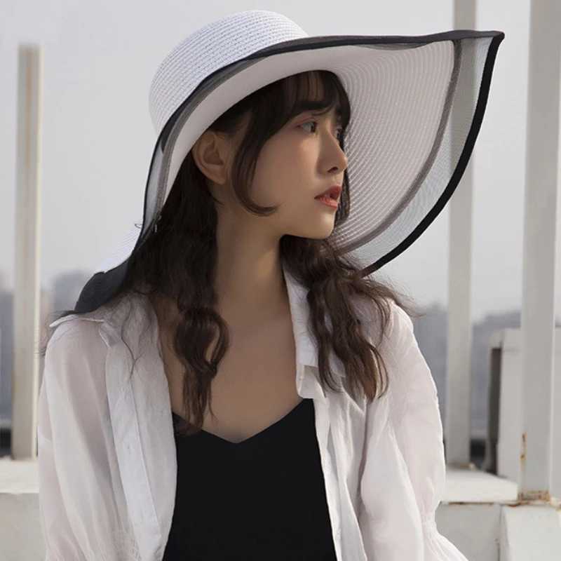 HT2504 Sun Hat Summer anti-UV Lady Wide Brim Hat Women Solid Plain Floppy Summer Straw Hats for Women Female Mesh Brim Beach Hat W250602