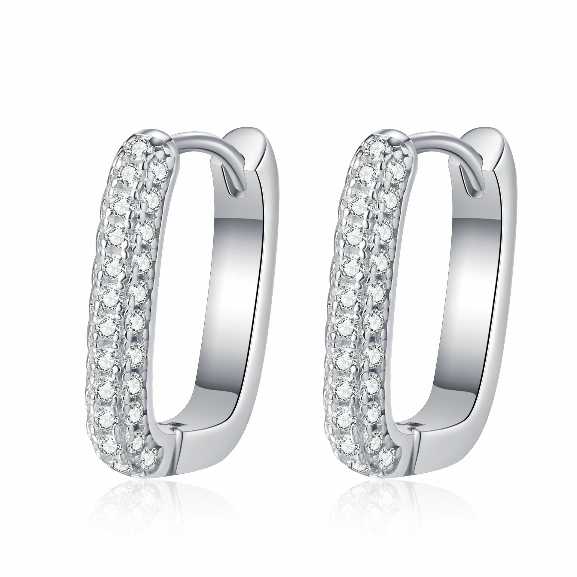 S925 sterling silver earrings with PT950 plating, featuring two rows of Moissanite stones, a sleek square hoop design for elegant, everyday wear.