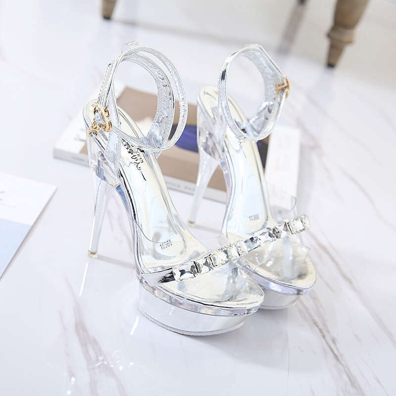 Super High Heels Plus Size Super High Heel Peep Toe Shoes Silver Stiletto Ankle Strap Women's Sandals Nightclub Sexy 43 Platform High Heels