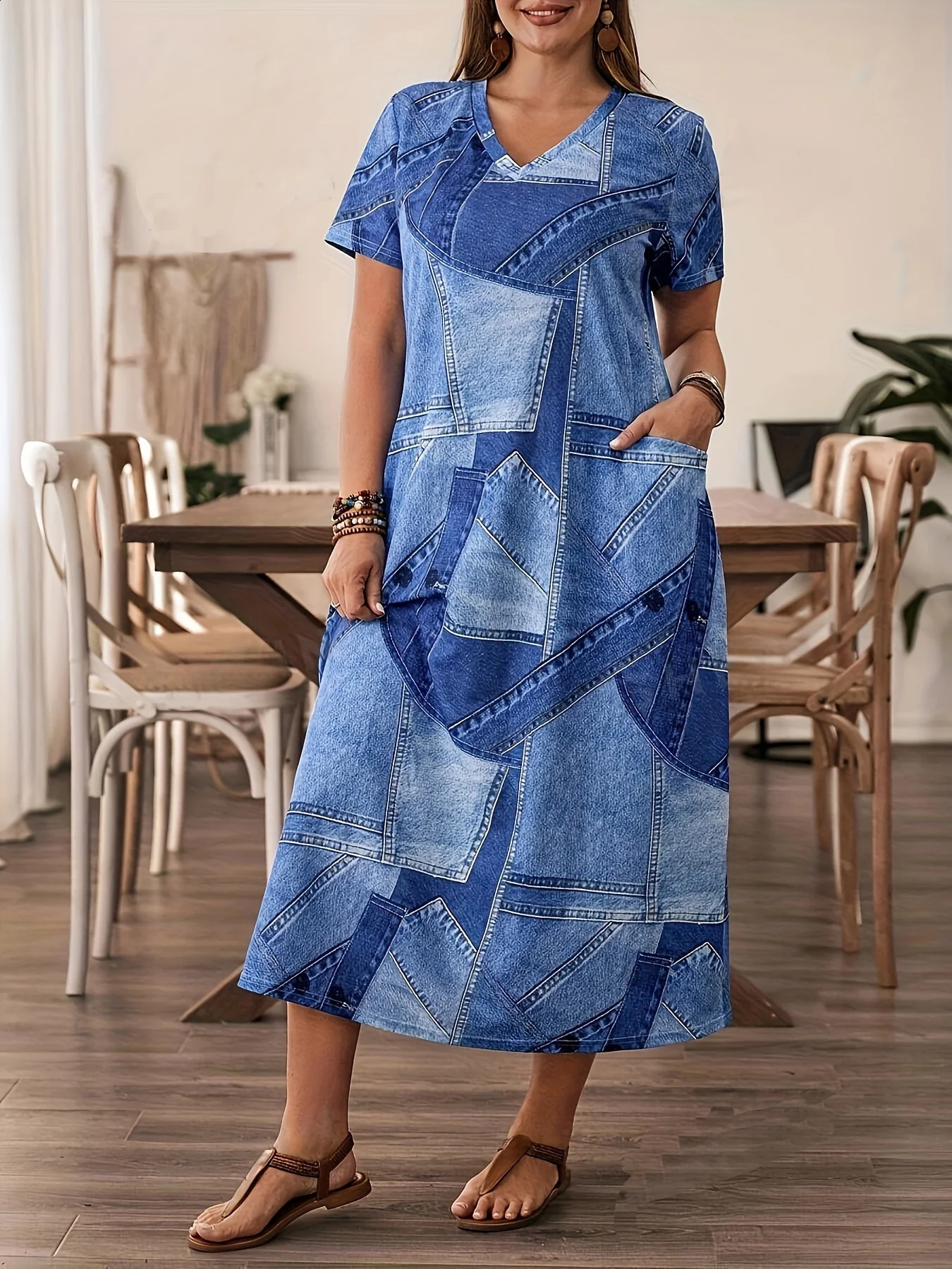 Plus Size Europe and America CrossBorder Summer Pocket VNeck Short Sleeve Dress 250526
