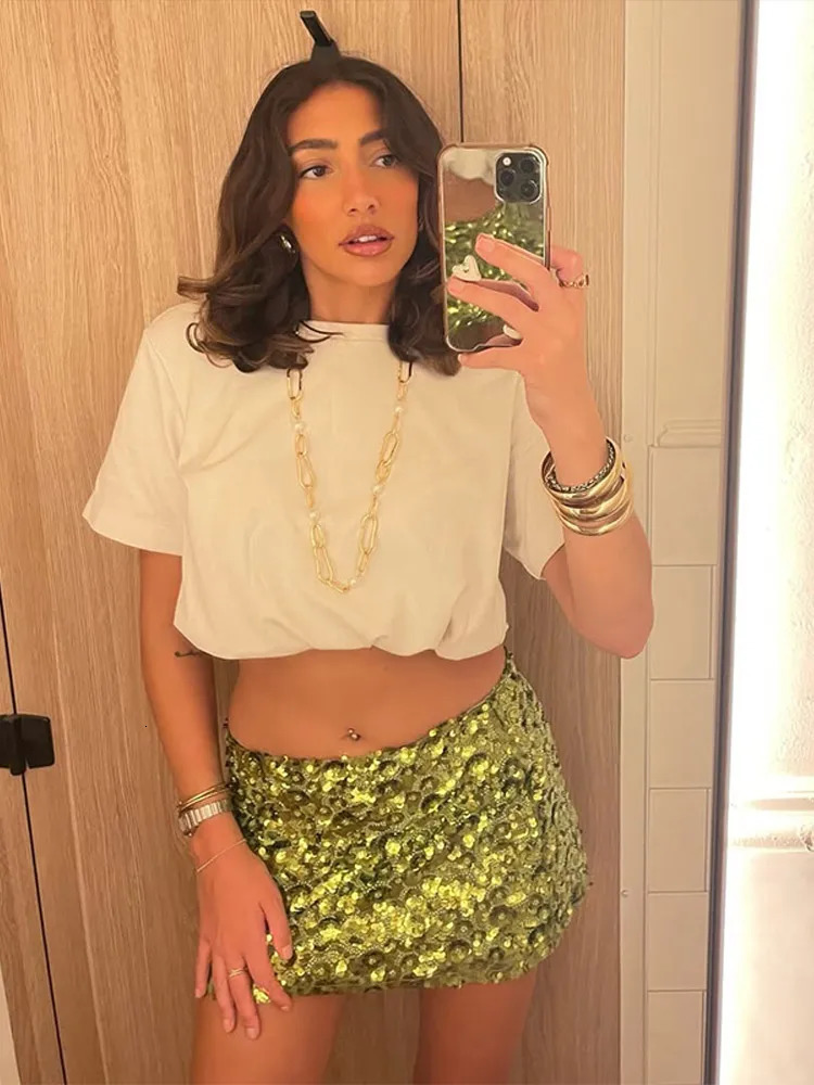 Sexy Women Shinny Sequines Mini Skirt Fashion Color Collision A Line High Waist Skirts Female Daily Party Club Dresses 250603