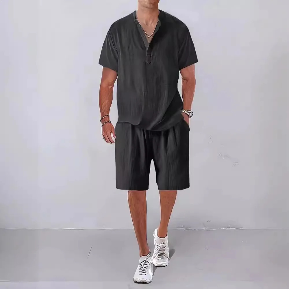 Fashion Men Sets 2025 Summer Mens Solid Color Stand Collar Linen Outfits Short Sleeve Polo ShirtShorts 2 Pieces Casual Suit 250530