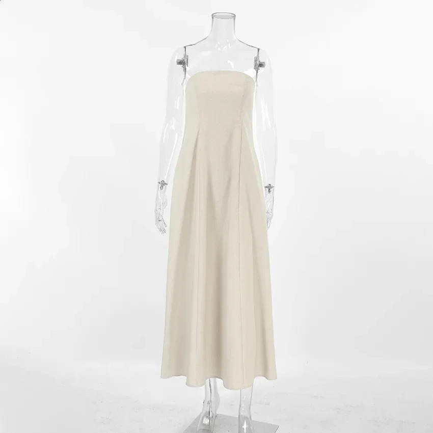 French Khaki Cotton Linen Strapless Holiday High Waisted Dress with Exposed Back Summer Long Dress for Women 250529