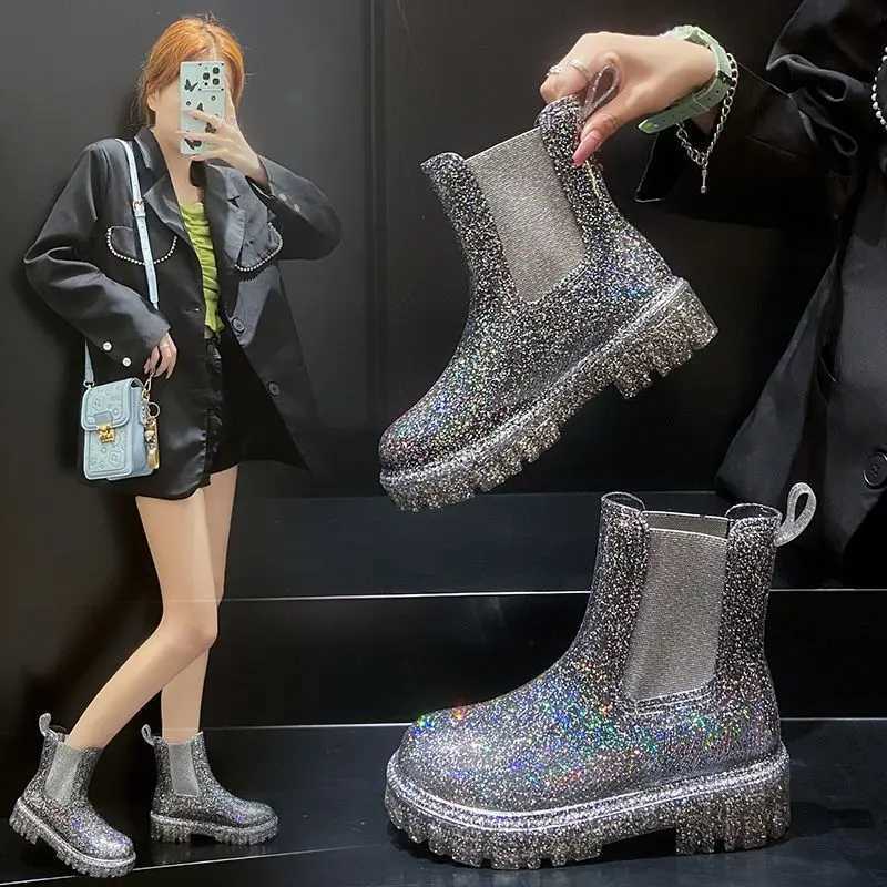 New Womens Ankle Boots Shiny Color Fashion Rain Boots Four Seasons Wearable Water Mid-tube Shoes Ladies Outdoor Waterproof XJ250602