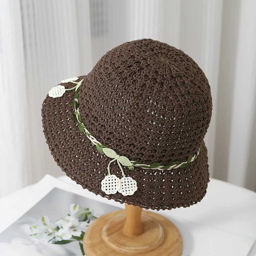Korean Style Summer Floral Knitted Fisherman Hat For Women Sun Protection Breathable Beach Cap Adjustable Boho Chic Sun Hat W250602