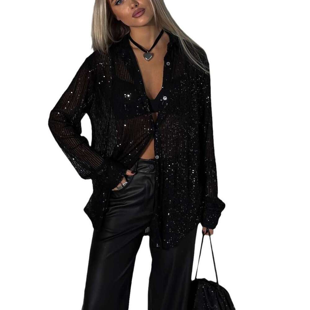 Spring Summer New Sequin Top Turn-Down Collar Long Sleeve Cardigan Basic Women's Shirt Jacket B5