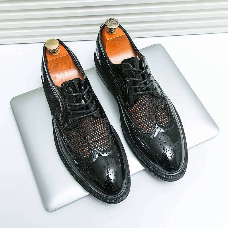 New Fashion Men Oxfords Genuine Patent Leather Formal Business Breathable Dress Shoes Hollow Mesh Out Flats