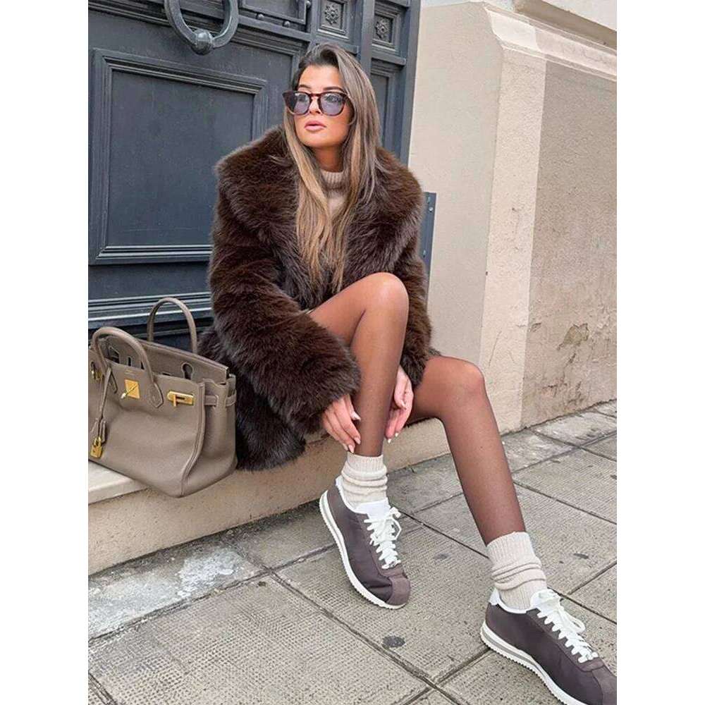 Vintage Fluffy Women's Faux Fur Coats Belt Lapel Full Sleeve Pocket Jacket Early Spring Warm Thicken Lady Outwear