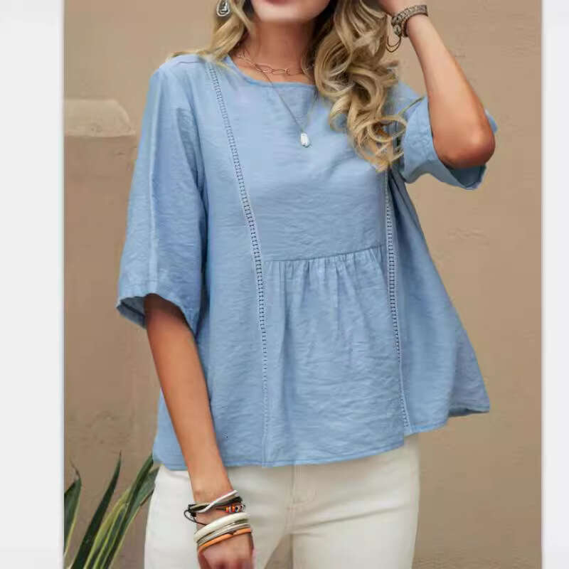 Spring Summer Temu Lace Hollow Out Women's Cotton Linen Casual Solid Color Mid-Sleeve Shirt B5 b6