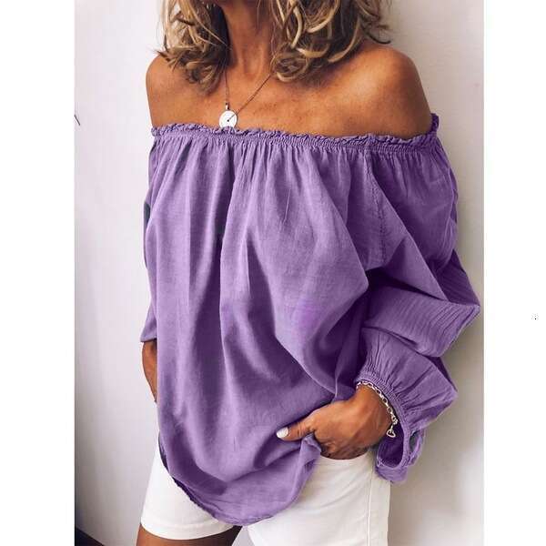 Autumn Winter Off-Shoulder Elastic Pleated Cotton Linen Solid Color Long Sleeve Women's Shirt B5
