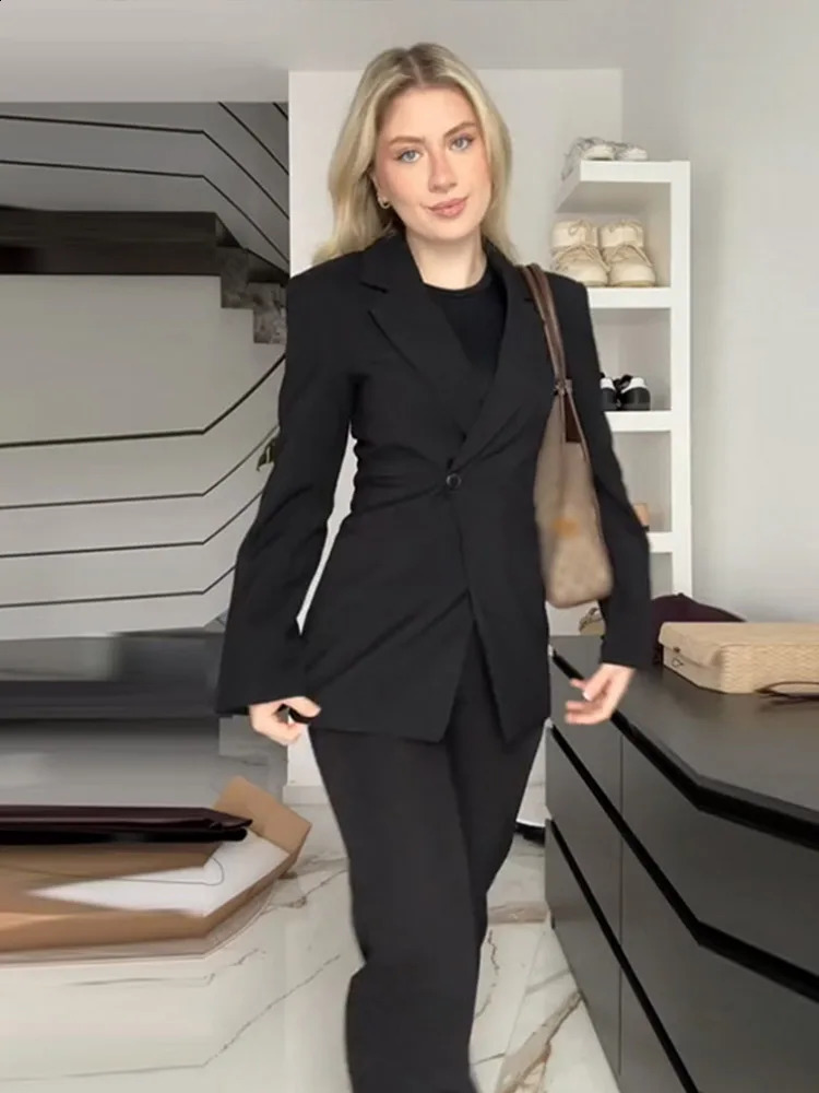 Elegant Slim Solid Womens Blazers Lapel One Button Shoulder Pads Long Sleeve Jacket 2025 Spring Office Lady Commute Outwear 250530