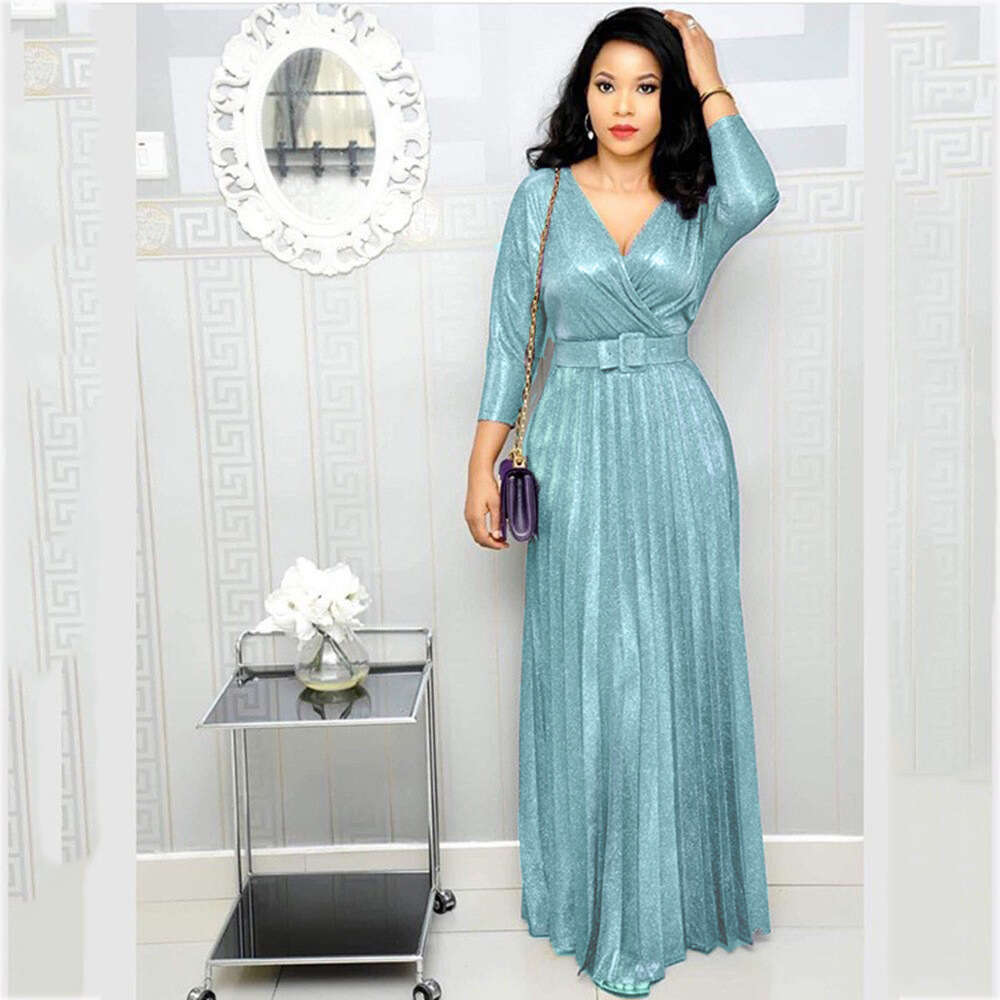 Winter European, American, African women's fashion long sleeved, gilded, pleated skirt with waist belt, shiny pink fabric, 2025 new style, chic a