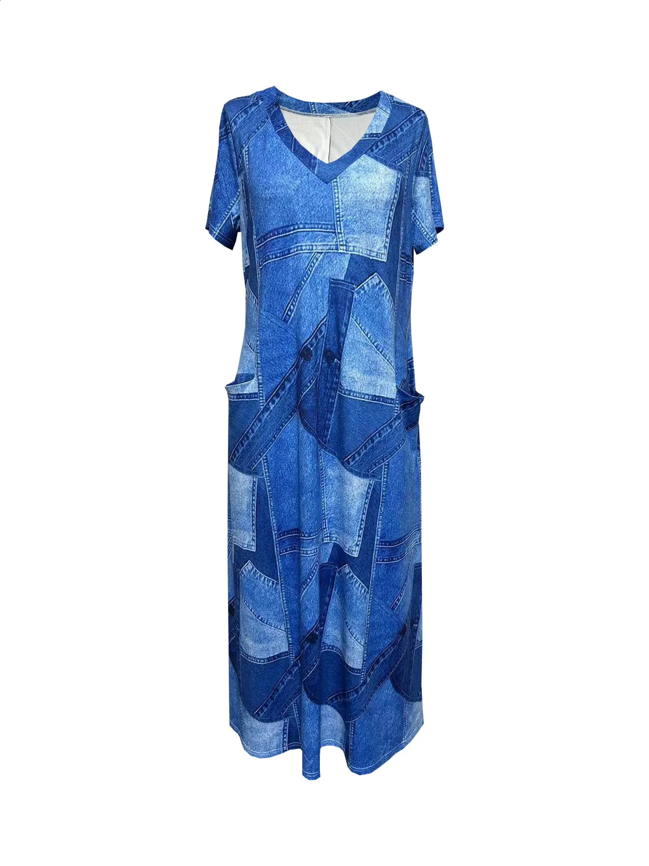 Plus Size Europe and America CrossBorder Summer Pocket VNeck Short Sleeve Dress 250526