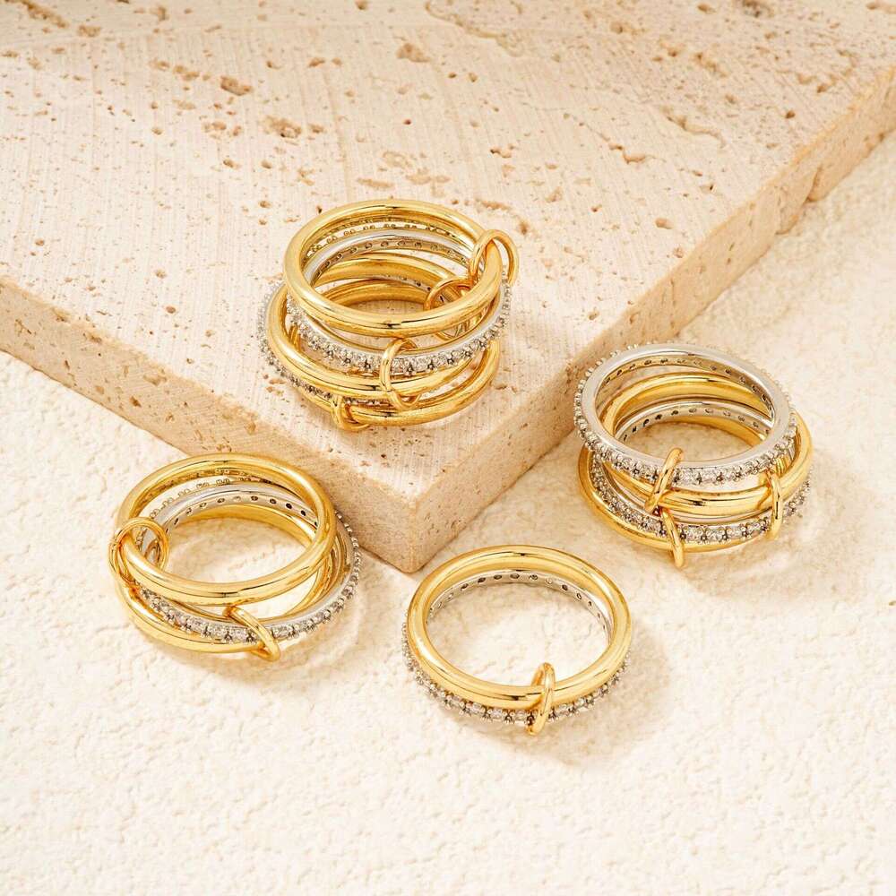 MOXI Stackable Plain Band High-End Sense Personality Copper Inlaid Zircon Jewelry Two-Tone Ring