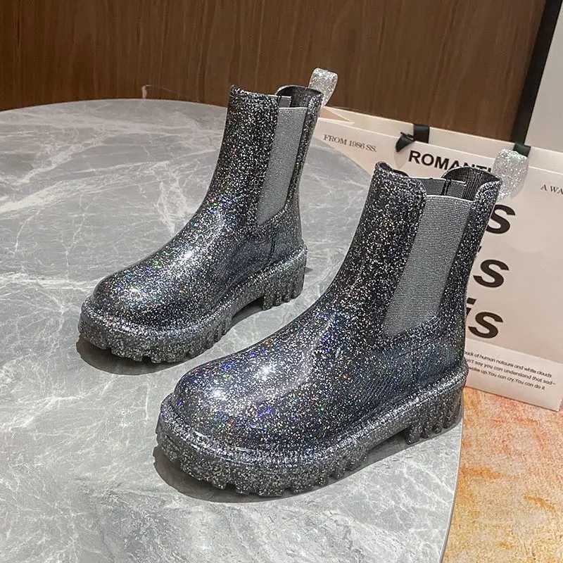 New Womens Ankle Boots Shiny Color Fashion Rain Boots Four Seasons Wearable Water Mid-tube Shoes Ladies Outdoor Waterproof XJ250602