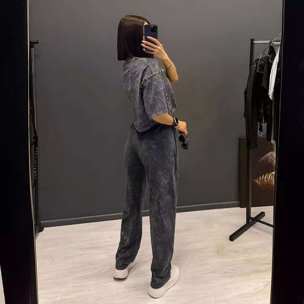 Vintage Washed Short Sleeve T-Shirt Straight High Waist Long Pants Set Women's Fashion Casual High-End B5