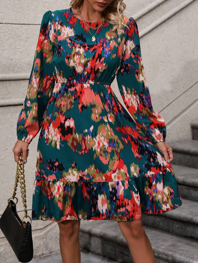 women's wear Long Sleeve Printed New Style Women's Ruffle Fashion Mid-Length Dress
