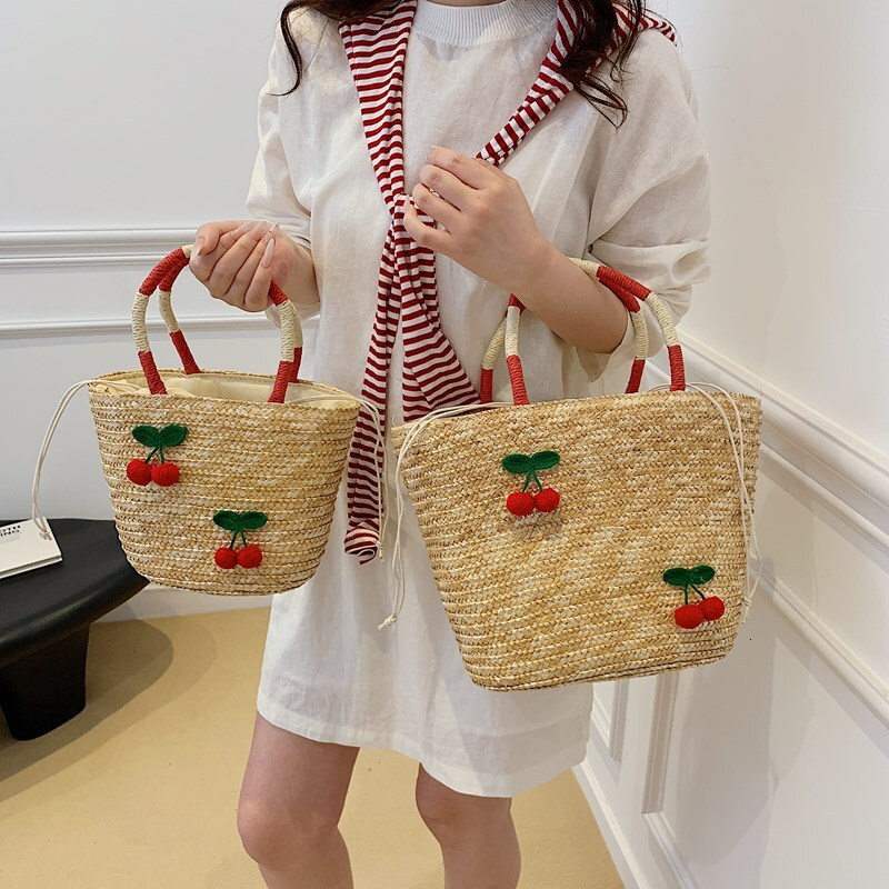 designer Cherry Straw Woven Handbag for Women Cute Beach Vacation Beach Bag Hollow Woven Crossbody Bucket Bag