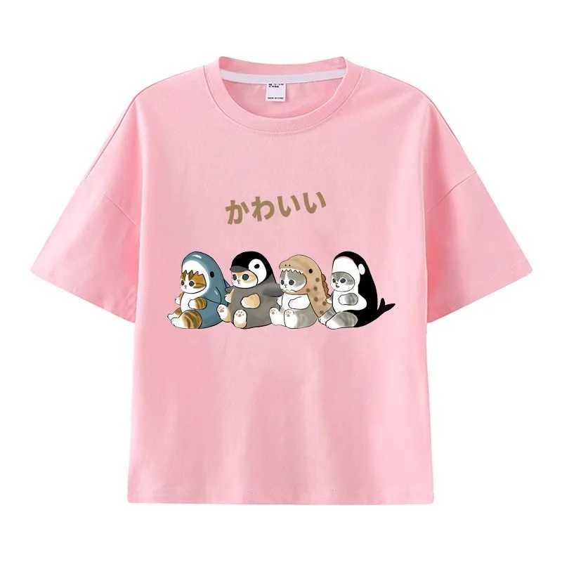 Mofusand Shark Cat T-shirts for Boys and Girls Are Versatile and Stylish Summer Short-sleeved Tops for Middle and Older Children T250603