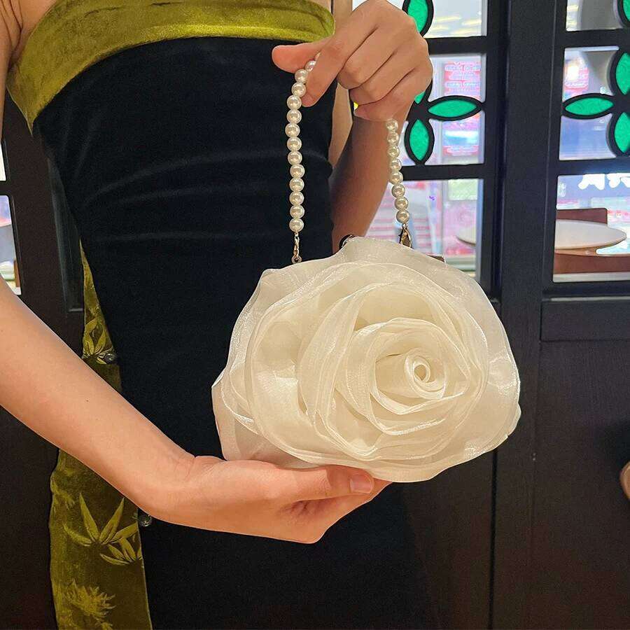 Chain Vintage Pearl Satin Rose Evening Clutch Design Dinner Party Wedding Flower Purse White/Black Bridal Banquet Handbags Prom