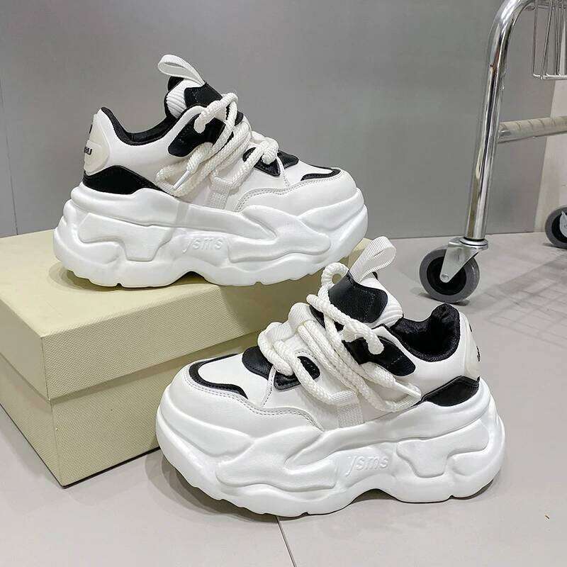 Plus Size 43 Women High Platform Casual Leather New Autumn Chunky Sneakers 7Cm Wedges Hidden Heels Leisure Shoes Woman
