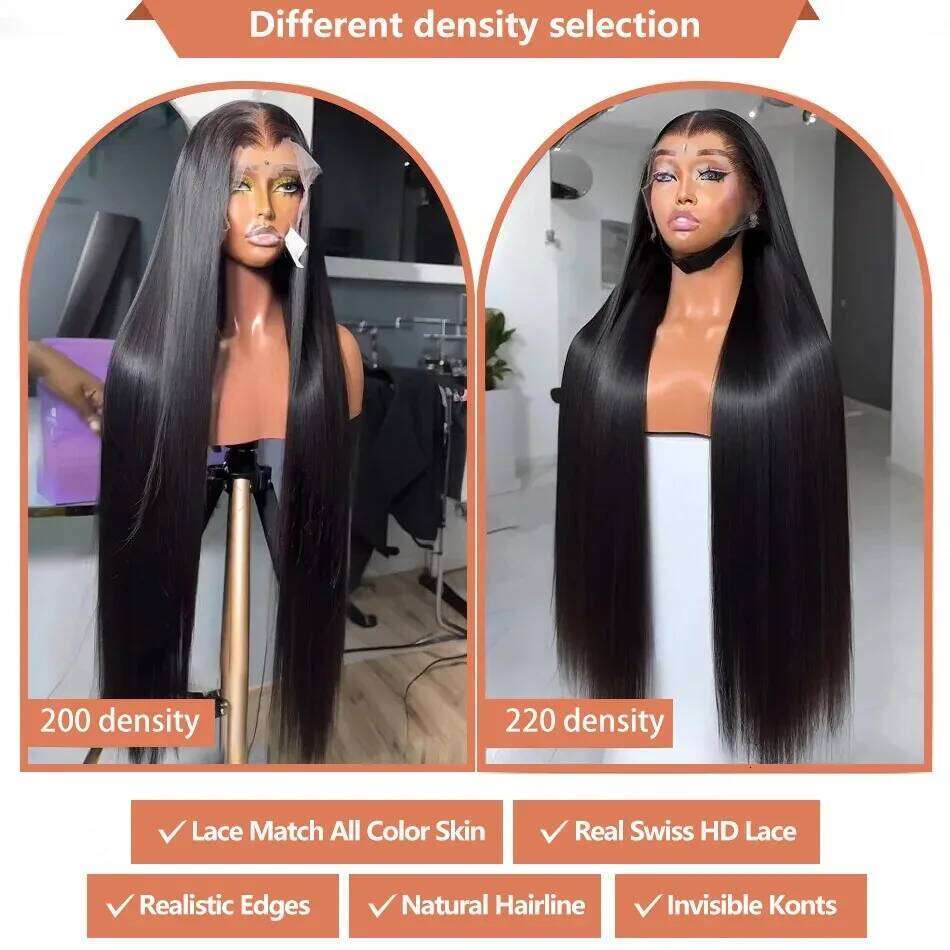 36 40 Inch Bone Straight HD Transparent 13x6 Front 200 Density 13x4 Lace Frontal Wig For Black 100 Brazilian Human Hair