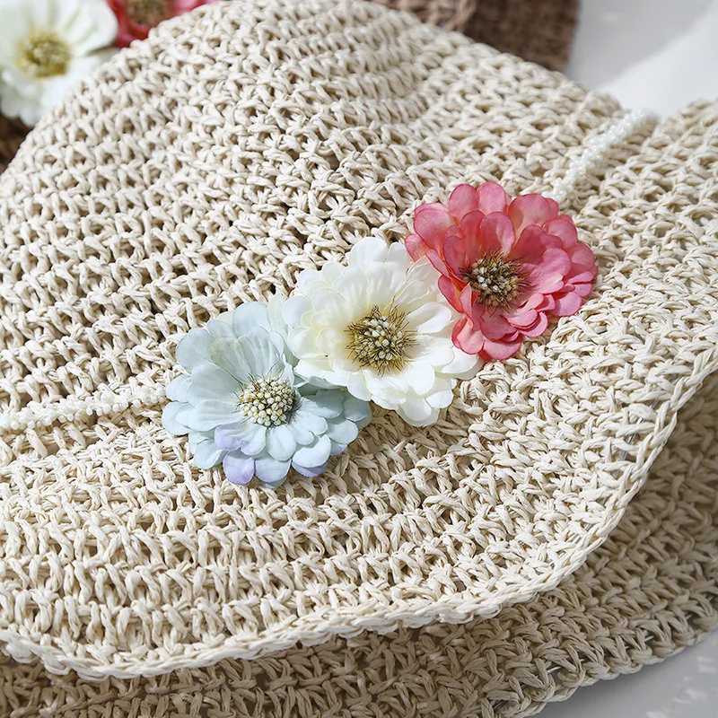 Summer Hats For Women Handmade Beads Chain Flower Straw Sun Hat Lady Big Brim Sunscreen Holiday Beach Accessories Foldable New W250602