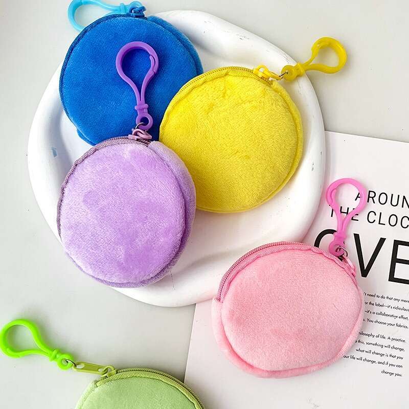 Cute Wallet ID Card Holder Keychain Simple Gift Candy Color Plush Round Women's Coin Purse