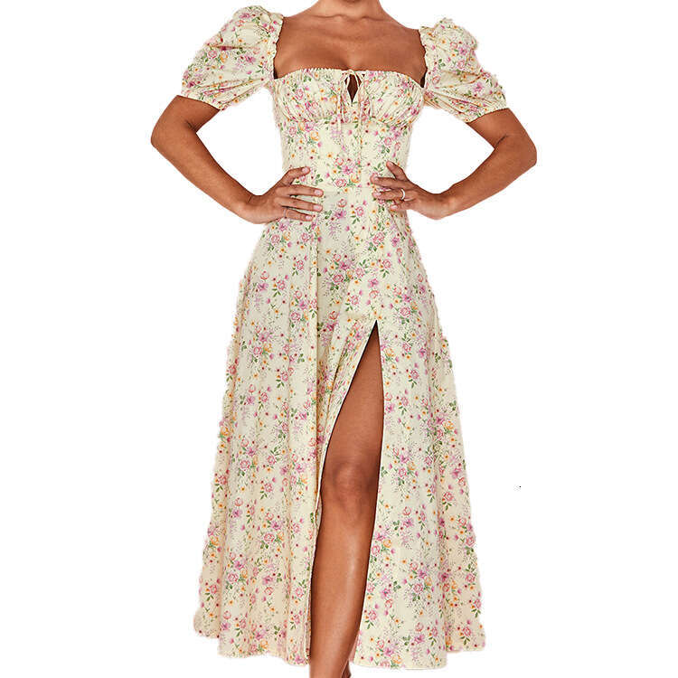 European and American Women's Floral Square Neck Sexy Slit Big Swing Spring Dress for Women 2025 New Casual Fashion Trend Clothing