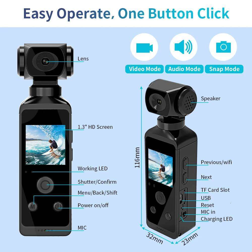 4K 1.3" Screen Action Camera Pocket Cam 270° Rotatable Outdoor Video Shooting Bicycle Motorcycle Sport Wifi Motion Camcorder