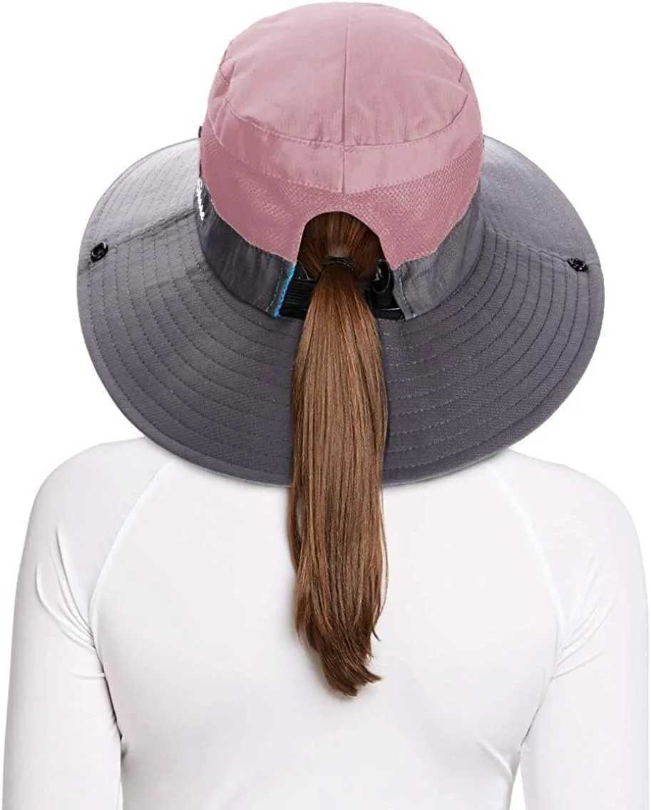 Ponytail Sun Bucket Hats for Women UV Protection Foldable Mesh Wide Brim Hiking Beach Fishing Summer Safari W250602