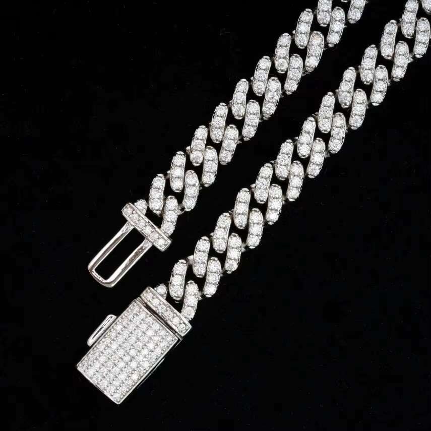 Popular Jewelry Iced Out 925 Sliver 12mm Cuban Link High Quality Moissanite Diamond Hip Hop Men Cuban Chain Necklace