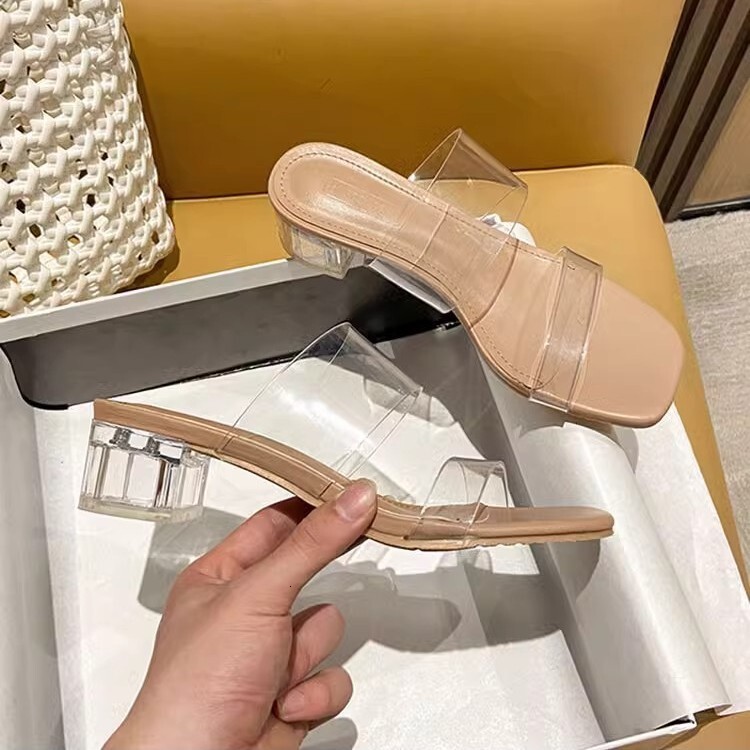 High Heels Sandals for Women 2025 Summer New Transparent Mid-Heel Crystal Shoes Fashion Chunky Heel Outdoor Slippers ddmythur