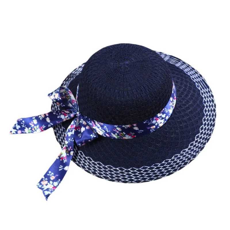 Woman Elegant Floral Bowknot Ribbon Sun Hats Vintage Straw Hats Summer Travel Sun Protection Wide Brims Hats Apparel Accessories W250602