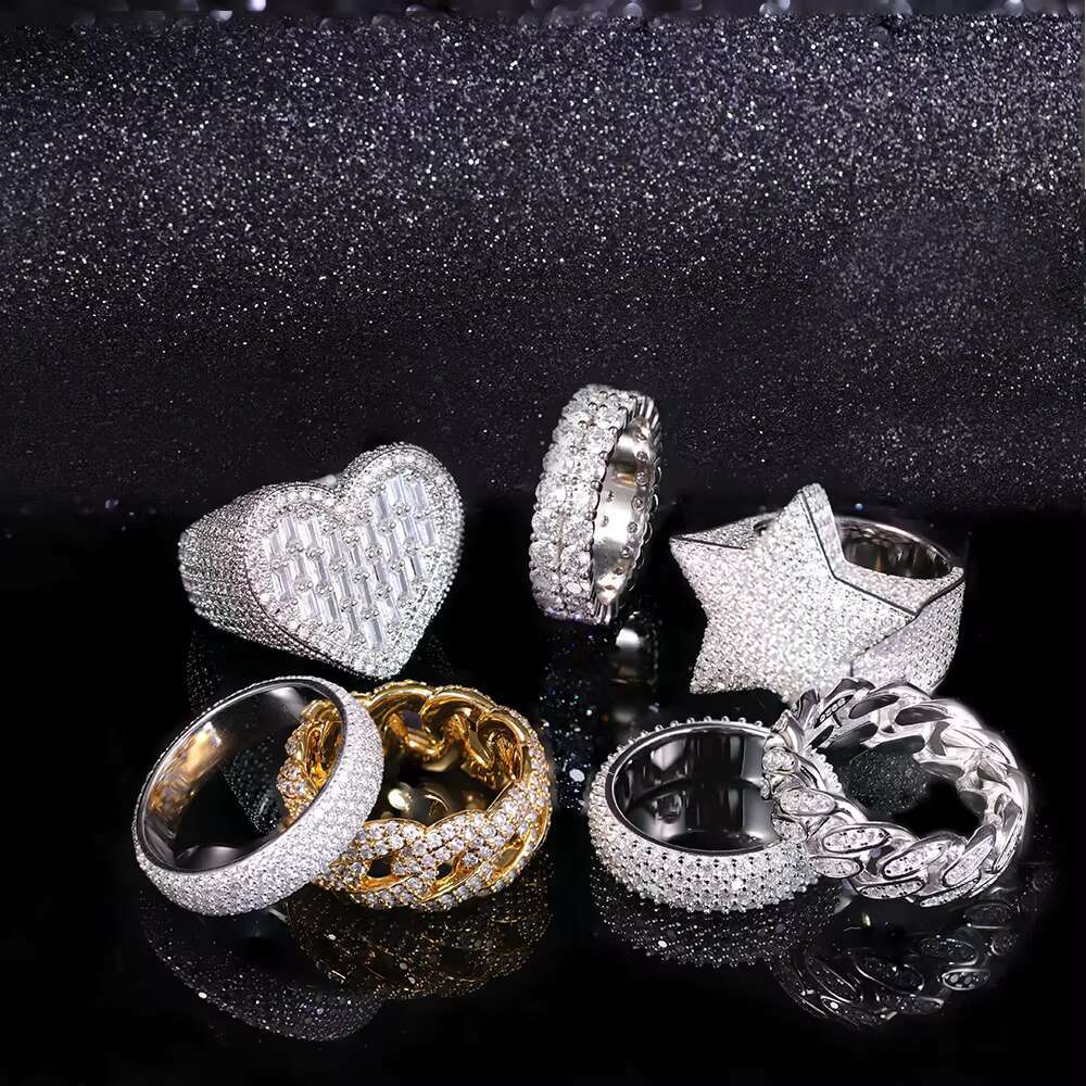 RTS Hiphop Jewelry Diamond Rings 925 Sterling Silver Gold Plated VVS Moissanite Ring Fine Jewelry Rings for Men Women