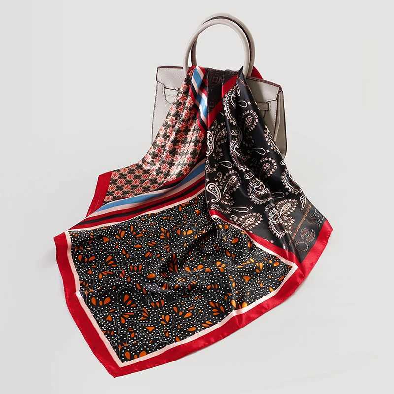 Luxury 2025 Plaid Print Square Silk Scarf for Women Hijab Hair Bands 90cm Neckerchief Female Satin Shawl Ribbon Headband W250602
