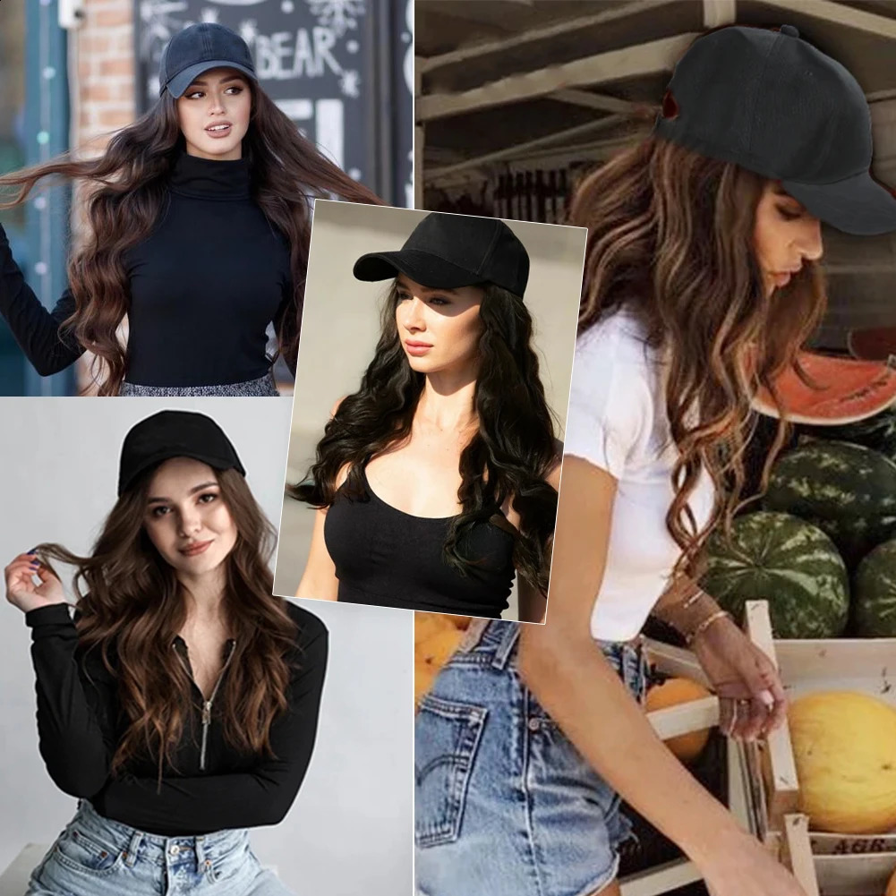 Baseball Cap Synthetic with Hair Extensions 24 inch Long Wavy Heat Resistant Fiber Hairpieces Adjustable Hat Wig for Women 250530