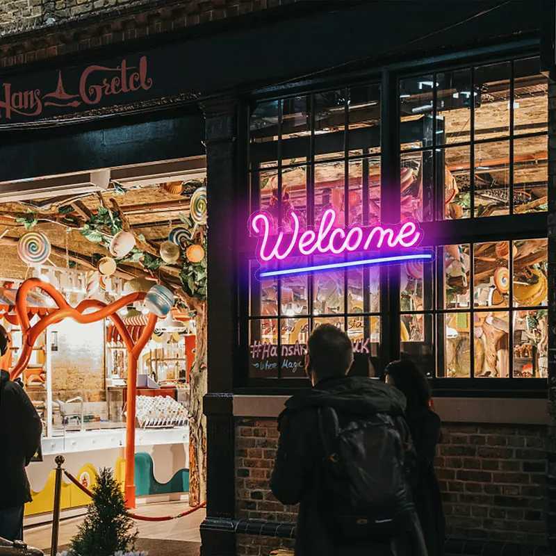 Welcome Sign Neon LED Night Lights for Shop Store Restaurant Bar Bedroom Home Room Wall Hanging Decor Power USB Neon Lights XJ250602