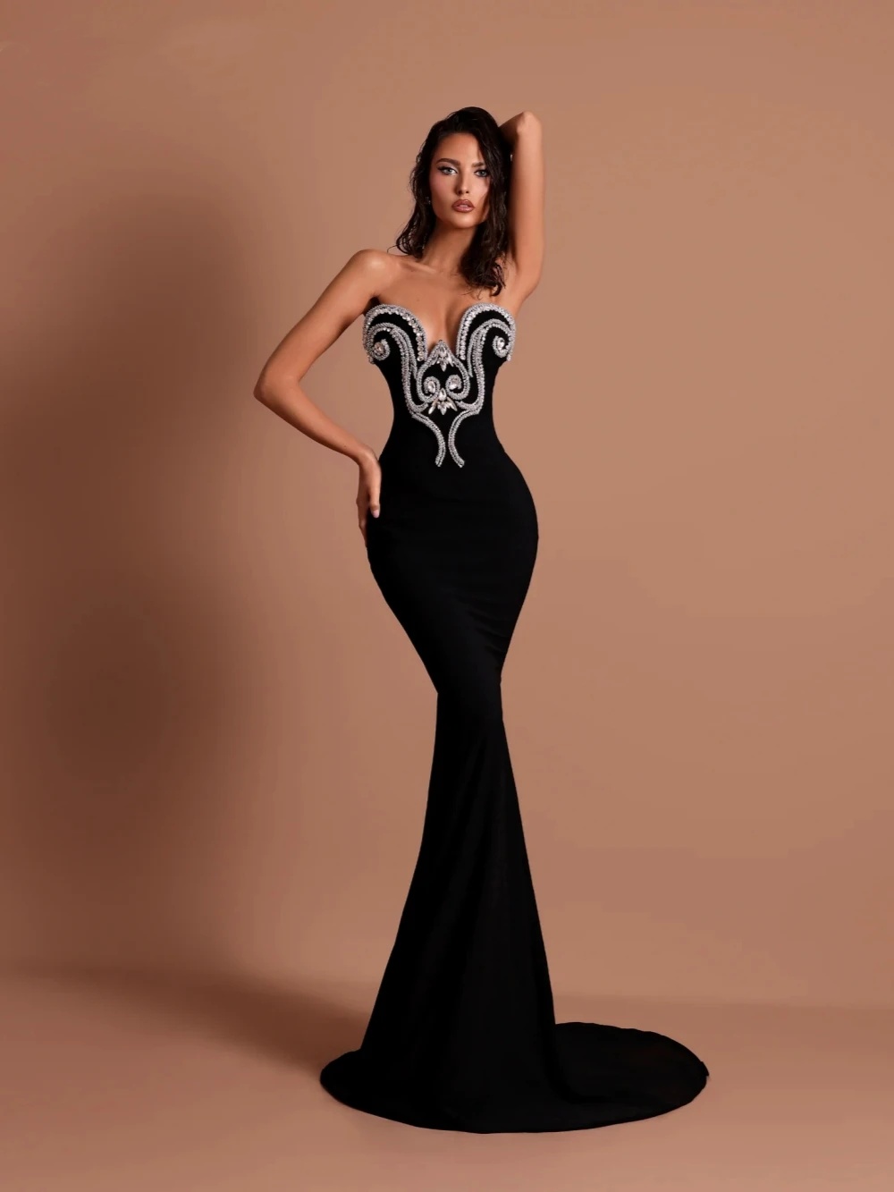 Simple Crystal Evening Dresses Strapless Mermaid Party Sleeveless Backless Princess Slim Party Prom Gowns Sweep Train Vestidos De Noche