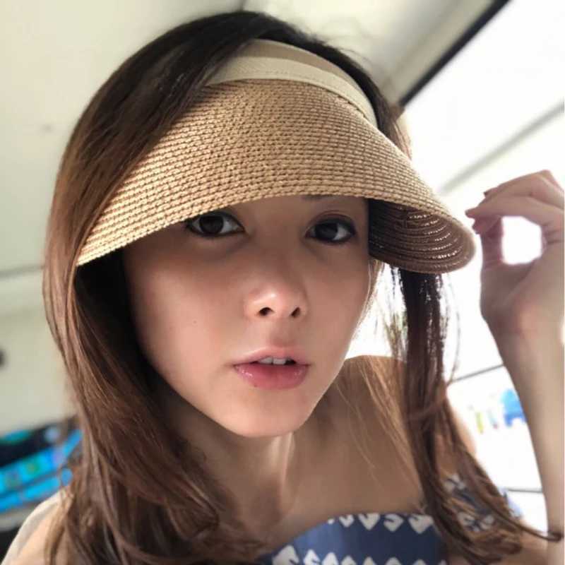 Korean Sun Visor Hat Women Summer Beach Sun Hat Empty Top Straw Hats For Women Anti-UV Chapeau W250602