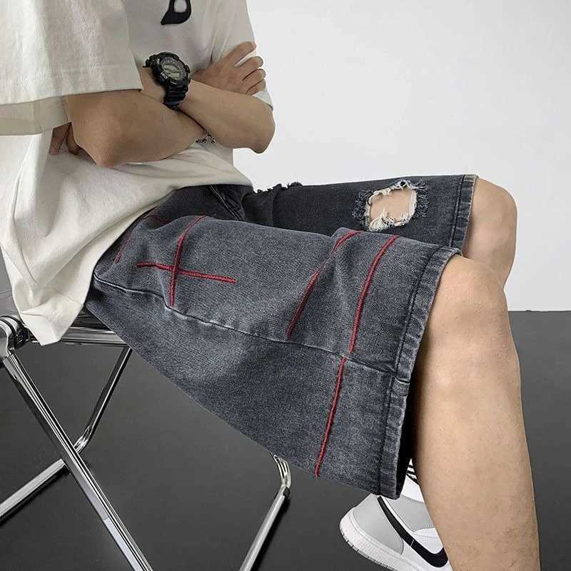Blue Man Half Denim Shorts Baggy Ripped Short Jeans Pants for Men Vintage Popular XL Streetwear Summer Retro Distressed Designer T250603